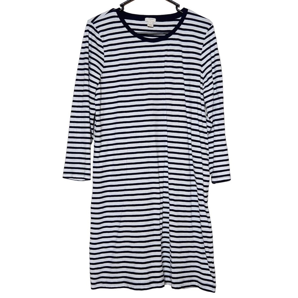 J Crew Womens L T-Shirt Dress 3/4 Sleeve Striped Navy Blue White 100% Cotton